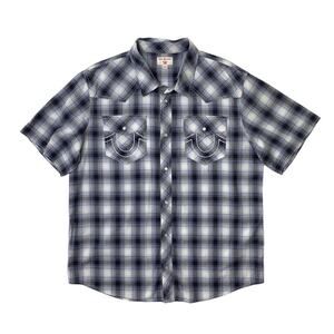 True Religion Shirt Mens 2XL Navy White Cotton Western Yoke Plaid Pearl Snap